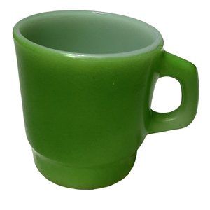 VTG ANCHOR HOCKING GREEN MILK GLASS USA MADE D HANDLE 3.5" TALL OVENPROOF